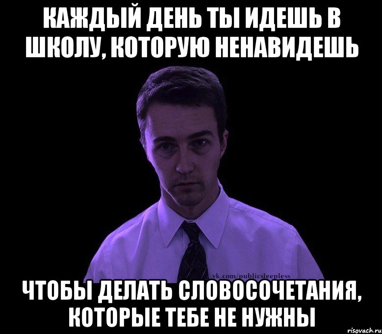 каждый день ты идешь в школу, которую ненавидешь чтобы делать словосочетания, которые тебе не нужны, Мем типичный недосыпающий