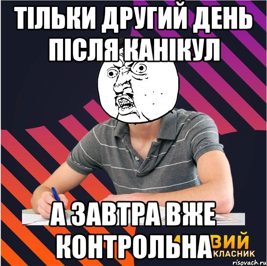 тільки другий день після канікул а завтра вже контрольна, Мем Типовий одинадцятикласник