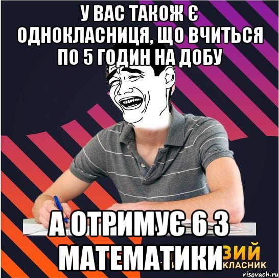 У вас також є однокласниця, що вчиться по 5 годин на добу А отримує 6 з математики, Мем Типовий одинадцятикласник