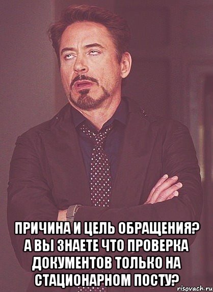  причина и цель обращения? а вы знаете что проверка документов только на стационарном посту?, Мем твое выражение лица