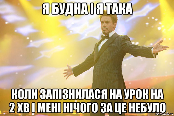 я будна і я така коли запізнилася на урок на 2 хв і мені нічого за це небуло, Мем Тони Старк (Роберт Дауни младший)