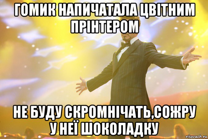 гомик напичатала цвітним прінтером не буду скромнічать,сожру у неї шоколадку, Мем Тони Старк (Роберт Дауни младший)