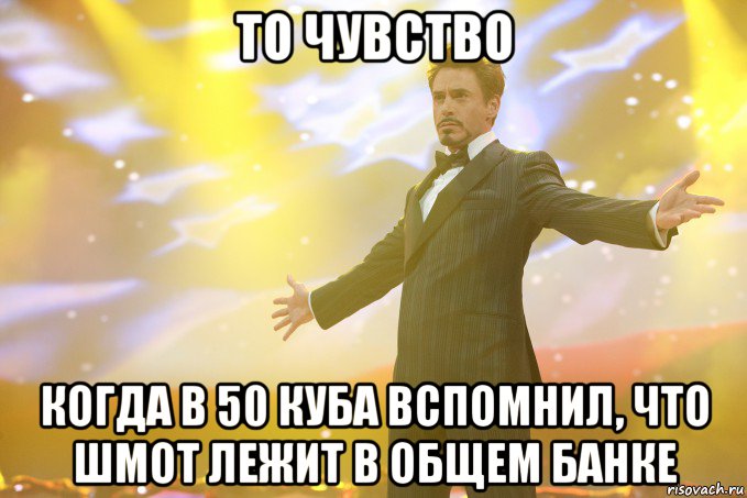 то чувство когда в 50 куба вспомнил, что шмот лежит в общем банке, Мем Тони Старк (Роберт Дауни младший)