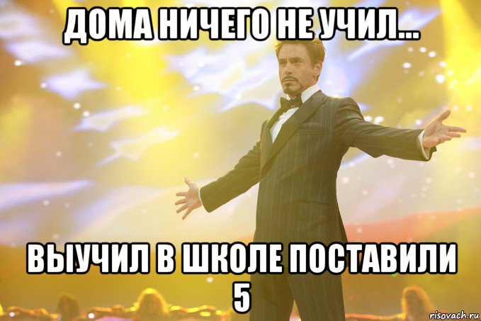 дома ничего не учил... выучил в школе поставили 5, Мем Тони Старк (Роберт Дауни младший)