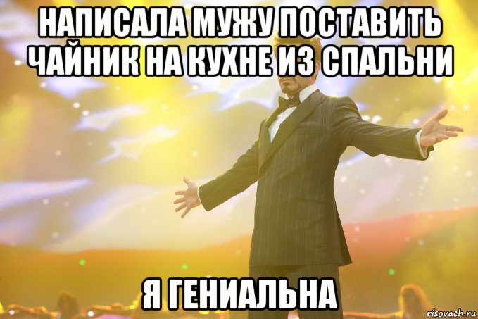 Написала мужу поставить чайник на кухне из спальни Я гениальна, Мем Тони Старк (Роберт Дауни младший)