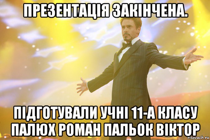 Презентація закінчена. Підготували Учні 11-А класу Палюх Роман Пальок Віктор, Мем Тони Старк (Роберт Дауни младший)