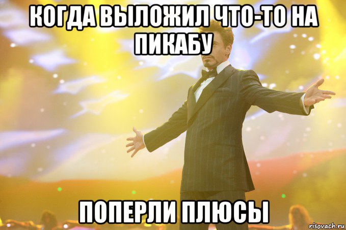 Когда выложил что-то на Пикабу Поперли плюсы, Мем Тони Старк (Роберт Дауни младший)