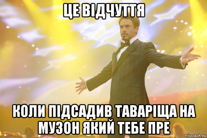 це відчуття коли підсадив таваріща на музон який тебе пре, Мем Тони Старк (Роберт Дауни младший)