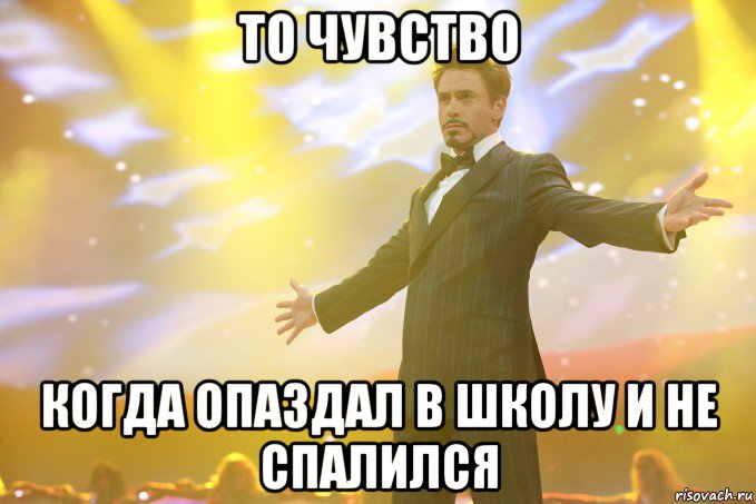 ТО ЧУВСТВО КОГДА опаздал в школу и не спалился, Мем Тони Старк (Роберт Дауни младший)