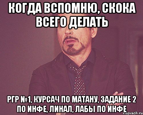 когда вспомню, скока всего делать ргр №1, курсач по матану, задание 2 по инфе, линал, лабы по инфе, Мем твое выражение лица