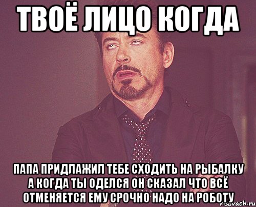 твоё лицо когда папа придлажил тебе сходить на рыбалку а когда ты оделся он сказал что всё отменяется ему срочно надо на роботу, Мем твое выражение лица