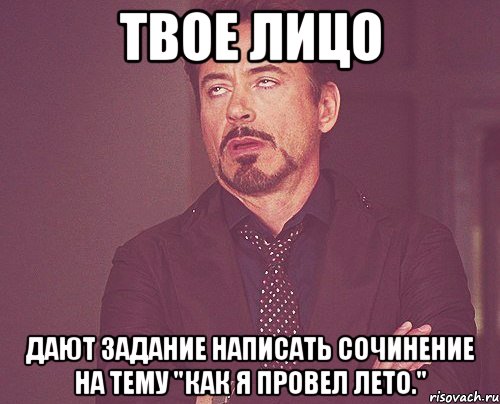 Твое лицо Дают задание написать сочинение на тему "Как я провел лето.", Мем твое выражение лица