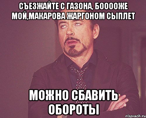 Съезжайте с газона, бооооже мой,Макарова жаргоном сыплет Можно сбавить обороты, Мем твое выражение лица