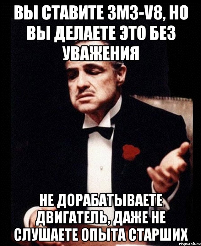 Вы ставите ЗМЗ-V8, Но вы делаете это без уважения не дорабатываете двигатель, даже не слушаете опыта старших, Мем ты делаешь это без уважения