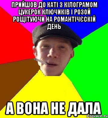 прийшов до каті з кілограмом цукерок ключиків і розой рощітуючи на романтічєскій день а вона не дала, Мем умный гопник