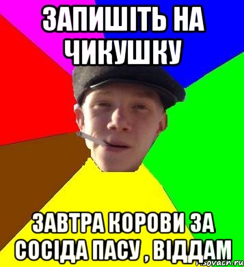 запишіть на чикушку завтра корови за сосіда пасу , віддам, Мем умный гопник