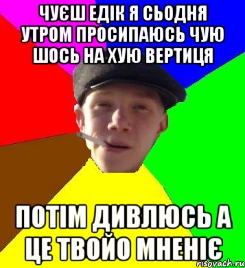 чуєш едік я сьодня утром просипаюсь чую шось на хую вертиця потім дивлюсь а це твойо мненіє, Мем умный гопник