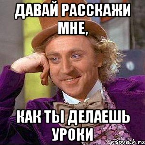 давай расскажи мне, как ты делаешь уроки, Мем Ну давай расскажи (Вилли Вонка)