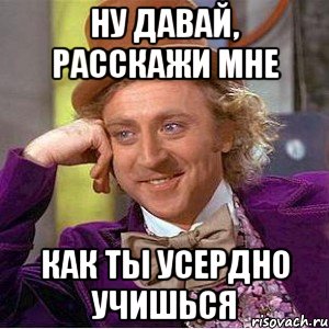 ну давай, расскажи мне как ты усердно учишься, Мем Ну давай расскажи (Вилли Вонка)