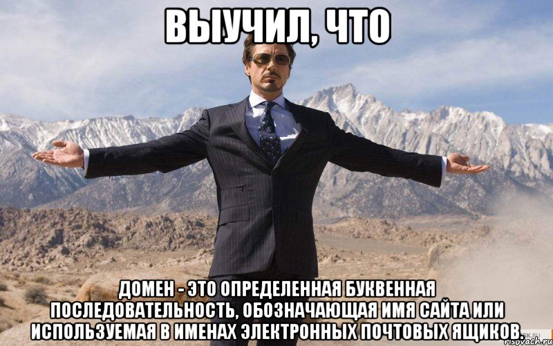 выучил, что домен - это определенная буквенная последовательность, обозначающая имя сайта или используемая в именах электронных почтовых ящиков., Мем железный человек