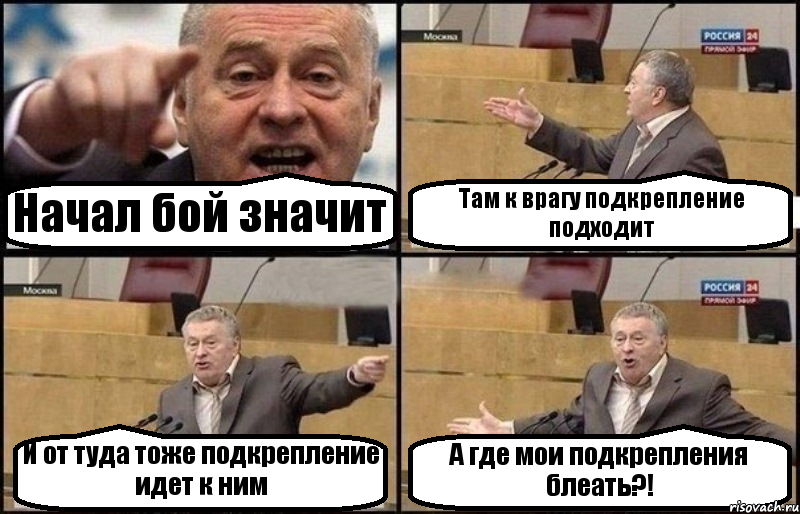 Начал бой значит Там к врагу подкрепление подходит И от туда тоже подкрепление идет к ним А где мои подкрепления блеать?!, Комикс Жириновский