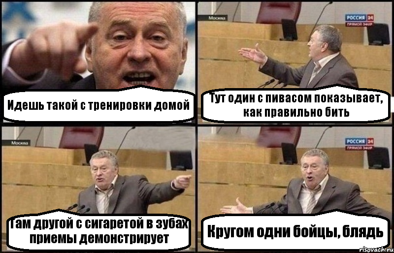 Идешь такой с тренировки домой Тут один с пивасом показывает, как правильно бить Там другой с сигаретой в зубах приемы демонстрирует Кругом одни бойцы, блядь, Комикс Жириновский