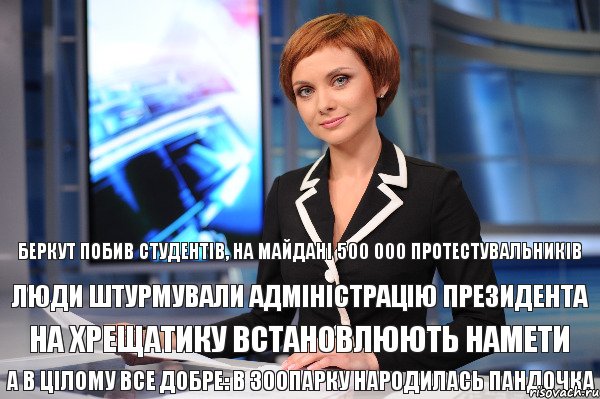 а в цілому все добре: в зоопарку народилась пандочка  на Хрещатику встановлюють намети  люди штурмували адміністрацію президента беркут побив студентів, на майдані 500 000 протестувальників , Комикс 44