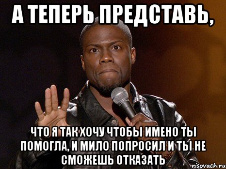 а теперь представь, что я так хочу чтобы имено ты помогла, и мило попросил и ты не сможешь отказать, Мем  А теперь представь