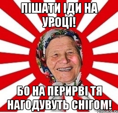 Пішати іди на уроці! бо на перирві тя нагодувуть снігом!, Мем  бабуля