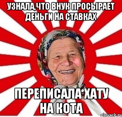 узнала,что внук просырает деньги на ставках переписала хату на кота, Мем  бабуля