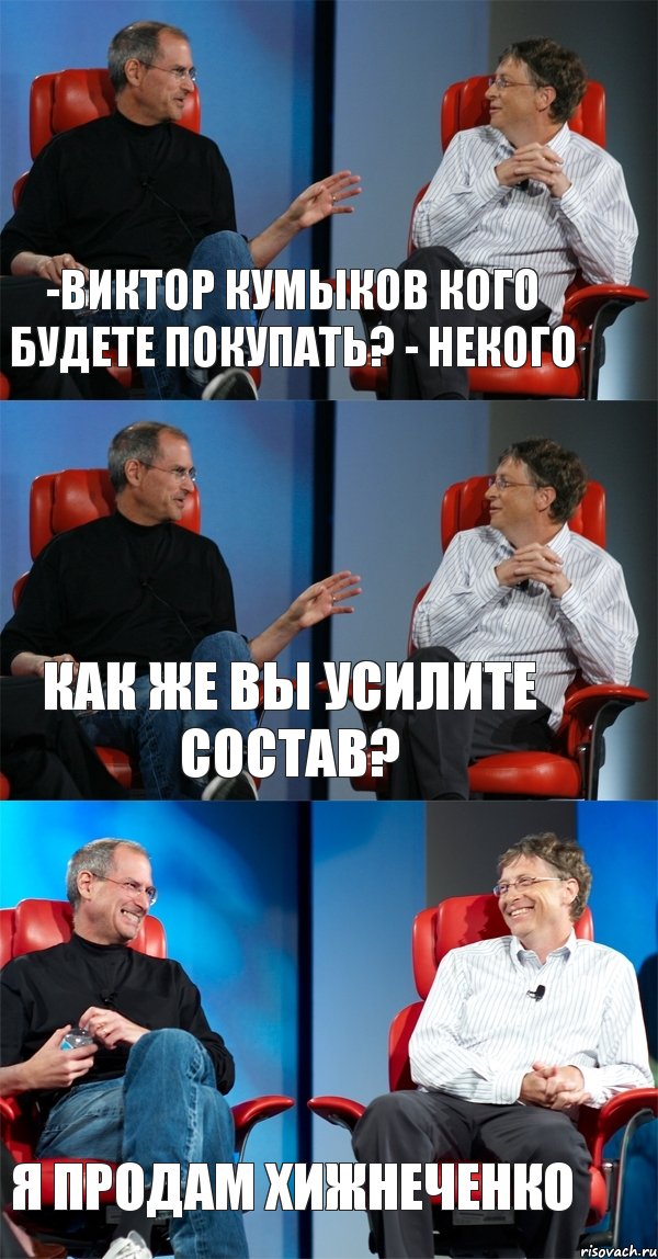 -Виктор Кумыков кого будете покупать? - Некого Как же вы усилите состав? я продам Хижнеченко, Комикс Стив Джобс и Билл Гейтс (3 зоны)