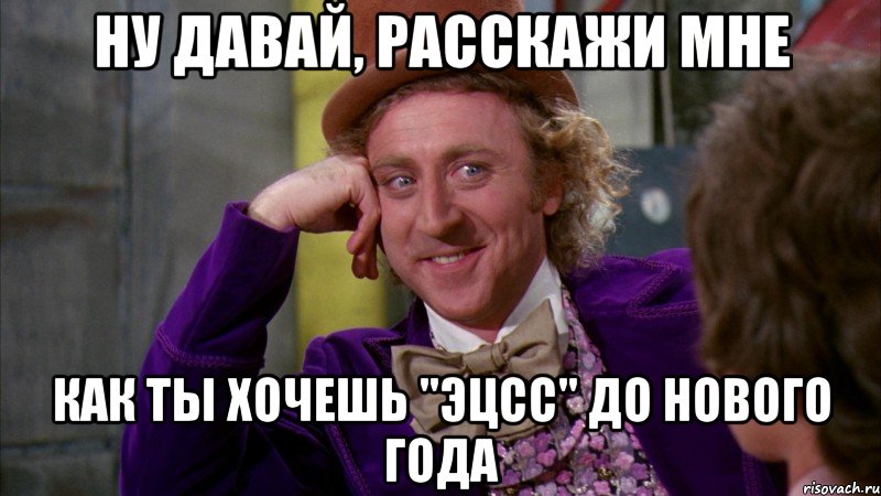 Ну давай, расскажи мне Как ты хочешь "ЭЦСС" до Нового года, Мем Ну давай расскажи (Вилли Вонка)