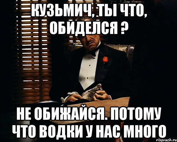 Кузьмич, ты что, обиделся ? Не обижайся. Потому что водки у нас много, Мем Дон Вито Корлеоне