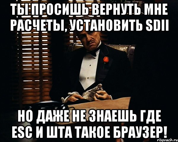 Ты просишь вернуть мне расчеты, установить SDII Но даже не знаешь где ESC и шта такое браузер!, Мем Дон Вито Корлеоне