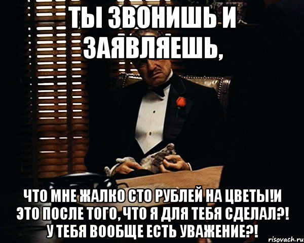 Ты звонишь и заявляешь, Что мне жалко сто рублей на цветы!и это после того, что я для тебя сделал?! У тебя вообще есть уважение?!, Мем Дон Вито Корлеоне