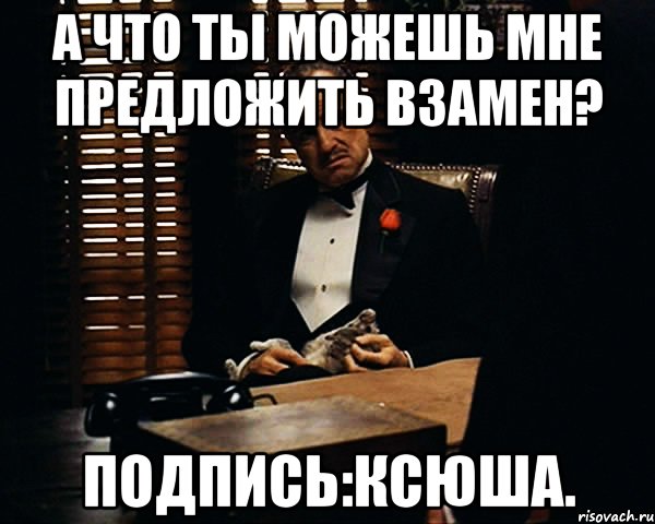 А ЧТО ТЫ МОЖЕШЬ МНЕ ПРЕДЛОЖИТЬ ВЗАМЕН? ПОДПИСЬ:КСЮША., Мем Дон Вито Корлеоне