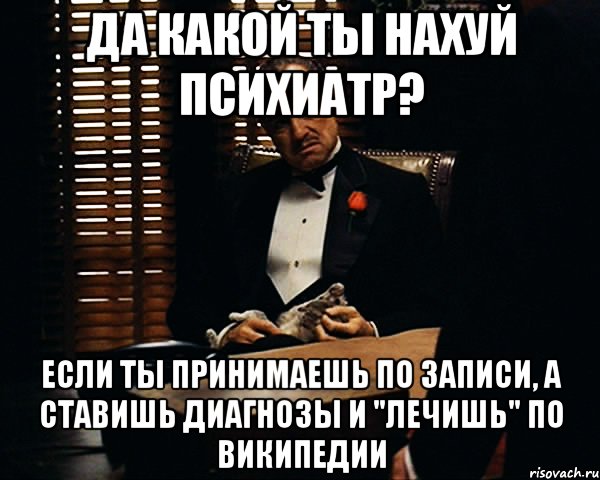 да какой ты нахуй психиатр? если ты принимаешь по записи, а ставишь диагнозы и "лечишь" по википедии, Мем Дон Вито Корлеоне