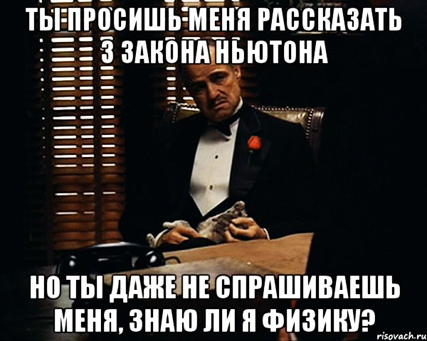 ты просишь меня рассказать 3 закона ньютона но ты даже не спрашиваешь меня, знаю ли я физику?, Мем Дон Вито Корлеоне