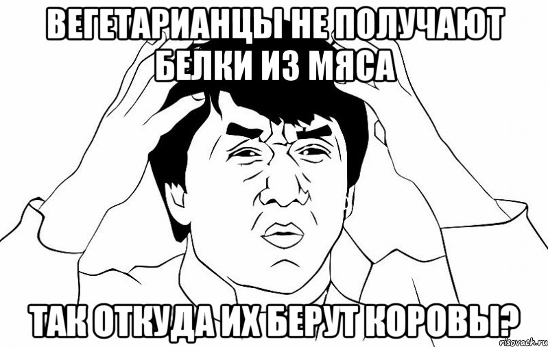 Вегетарианцы не получают белки из мяса Так откуда их берут коровы?, Мем ДЖЕКИ ЧАН