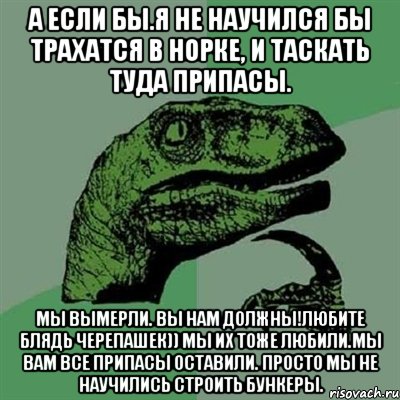 А если бы.Я не научился бы трахатся в норке, и таскать туда припасы. Мы вымерли. Вы нам должны!Любите блядь черепашек)) Мы Их тоже любили.Мы вам все припасы оставили. Просто мы не научились строить бункеры., Мем Филосораптор