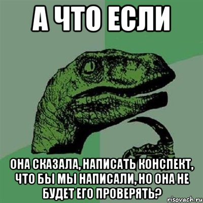 А ЧТО ЕСЛИ Она сказала, написать конспект, что бы мы написали, но она не будет его проверять?, Мем Филосораптор