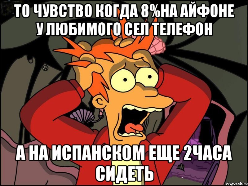 То чувство когда 8%на Айфоне у любимого сел телефон А на испанском еще 2часа сидеть, Мем Фрай в панике