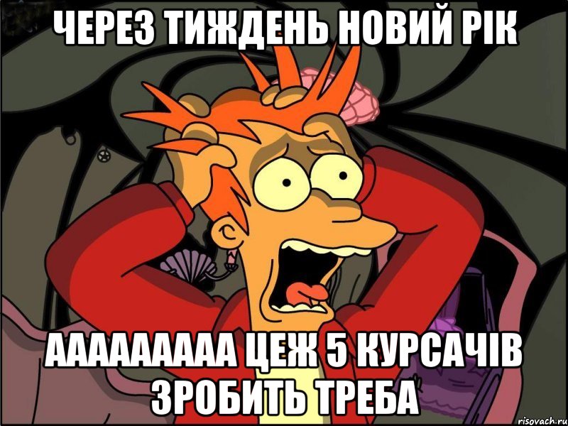 через тиждень новий рік ааааааааа цеж 5 курсачів зробить треба, Мем Фрай в панике