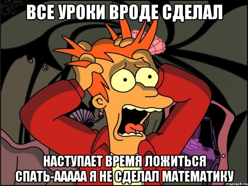 Все уроки вроде сделал Наступает время ложиться спать-ааааа я не сделал математику, Мем Фрай в панике