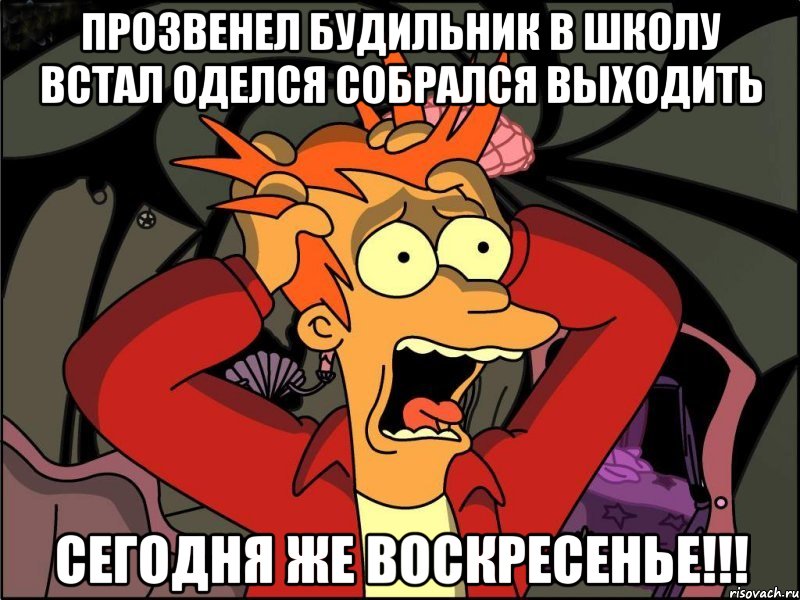 Прозвенел будильник в школу встал оделся собрался выходить сегодня же воскресенье!!!, Мем Фрай в панике