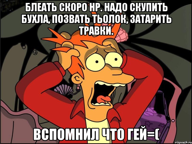 блеать скоро нр. надо скупить бухла, позвать тьолок, затарить травки. вспомнил что гей=(, Мем Фрай в панике