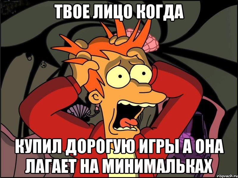 Твое лицо когда купил дорогую игры а она лагает на минимальках, Мем Фрай в панике