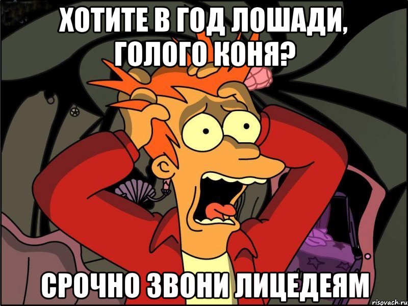 ХОТИТЕ В ГОД ЛОШАДИ, ГОЛОГО КОНЯ? СРОЧНО ЗВОНИ ЛИЦЕДЕЯМ, Мем Фрай в панике