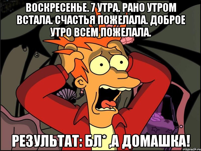 Воскресенье. 7 утра. Рано утром встала. Счастья пожелала. Доброе утро всем пожелала. Результат: бл* ,а домашка!, Мем Фрай в панике