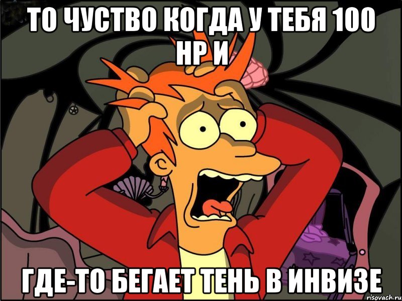 ТО ЧУСТВО КОГДА У ТЕБЯ 100 HP И ГДЕ-ТО БЕГАЕТ ТЕНЬ В ИНВИЗЕ, Мем Фрай в панике